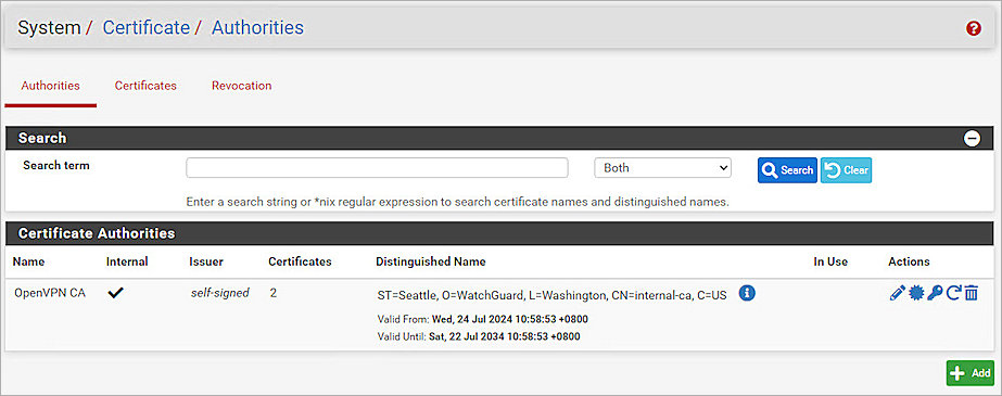 Screenshot of pfSense, CA 3